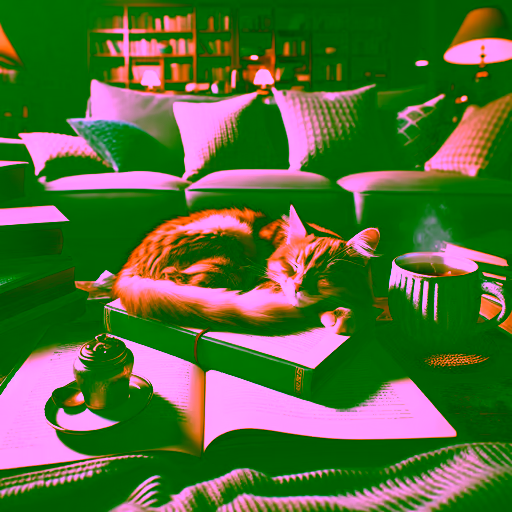 DALL-E 3 — A cat curled up asleep on an open book, next to it a steaming cup of tea, cozy living room atmosphere.