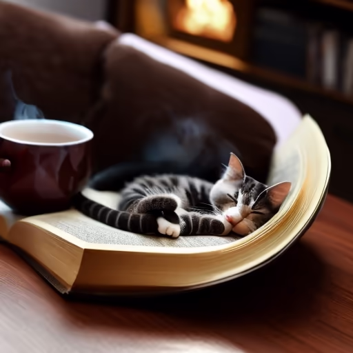 Deliberate — A cat curled up asleep on an open book, next to it a steaming cup of tea, cozy living room atmosphere.