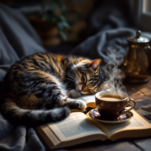 FLUX1.1 [pro] — A cat curled up asleep on an open book, next to it a steaming cup of tea, cozy living room atmosphere.