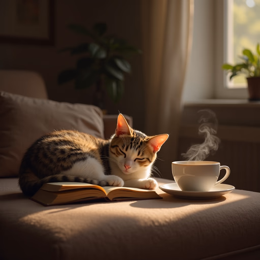 FLUX.1 [dev] — A cat curled up asleep on an open book, next to it a steaming cup of tea, cozy living room atmosphere.