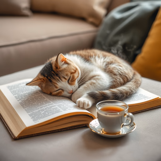 FLUX.1 [schnell] — A cat curled up asleep on an open book, next to it a steaming cup of tea, cozy living room atmosphere.