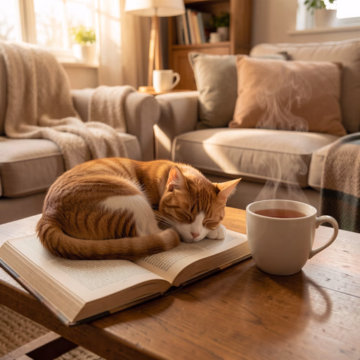 FLUX.2 [klein] 9B — A cat curled up asleep on an open book, next to it a steaming cup of tea, cozy living room atmosphere.
