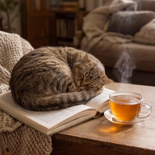 FLUX.2 LoRA Gallery: Realism — A cat curled up asleep on an open book, next to it a steaming cup of tea, cozy living room atmosphere.