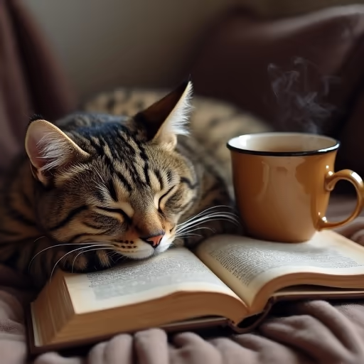 Flux Realism — A cat curled up asleep on an open book, next to it a steaming cup of tea, cozy living room atmosphere.