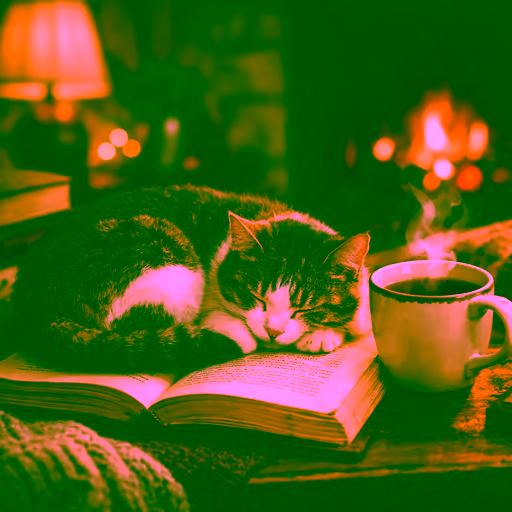 GPT Image 1.5 — A cat curled up asleep on an open book, next to it a steaming cup of tea, cozy living room atmosphere.