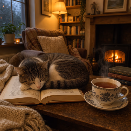 GPT Image 2 Medium — A cat curled up asleep on an open book, next to it a steaming cup of tea, cozy living room atmosphere.