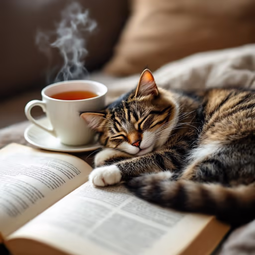 HiDream I1 — A cat curled up asleep on an open book, next to it a steaming cup of tea, cozy living room atmosphere.