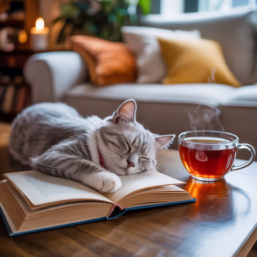 Ideogram V3 — A cat curled up asleep on an open book, next to it a steaming cup of tea, cozy living room atmosphere.