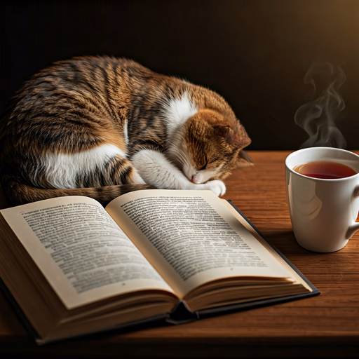 Imagen 3 Fast — A cat curled up asleep on an open book, next to it a steaming cup of tea, cozy living room atmosphere.