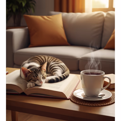 Imagen 4 — A cat curled up asleep on an open book, next to it a steaming cup of tea, cozy living room atmosphere.