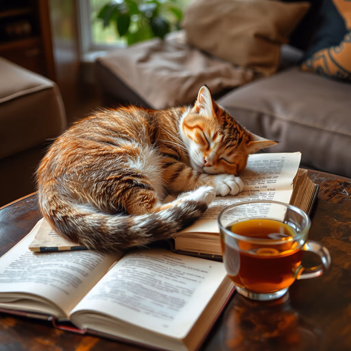 Juggernaut Flux Lightning — A cat curled up asleep on an open book, next to it a steaming cup of tea, cozy living room atmosphere.