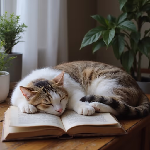 Juggernaut Flux Pro — A cat curled up asleep on an open book, next to it a steaming cup of tea, cozy living room atmosphere.