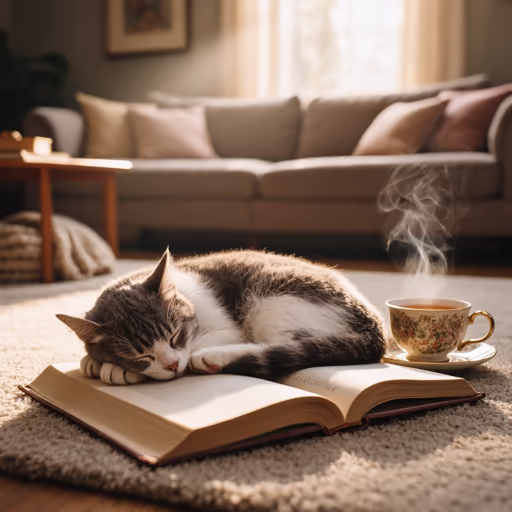 Kling 3.0 Omni — A cat curled up asleep on an open book, next to it a steaming cup of tea, cozy living room atmosphere.