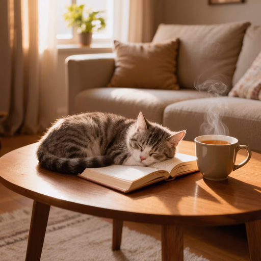 Kling Image V3 — A cat curled up asleep on an open book, next to it a steaming cup of tea, cozy living room atmosphere.