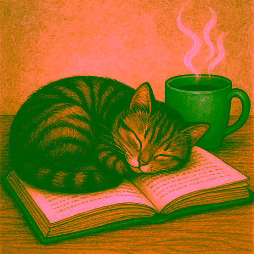 Microsoft Designer — A cat curled up asleep on an open book, next to it a steaming cup of tea, cozy living room atmosphere.