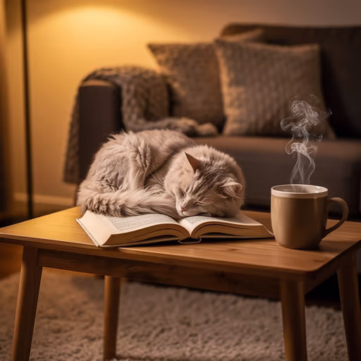 Z-Image — A cat curled up asleep on an open book, next to it a steaming cup of tea, cozy living room atmosphere.