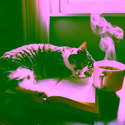 OpenArt Photorealistic — A cat curled up asleep on an open book, next to it a steaming cup of tea, cozy living room atmosphere.