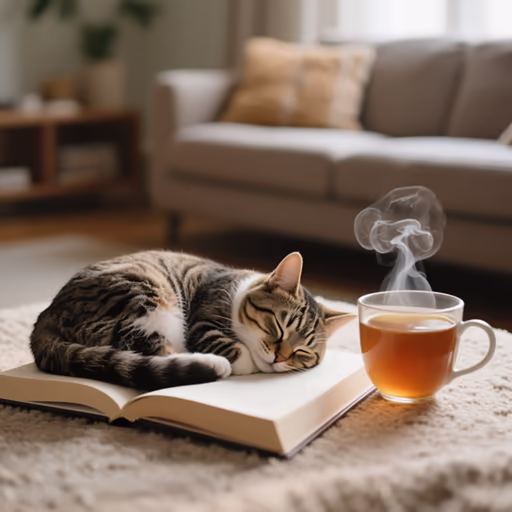 Qwen Image — A cat curled up asleep on an open book, next to it a steaming cup of tea, cozy living room atmosphere.