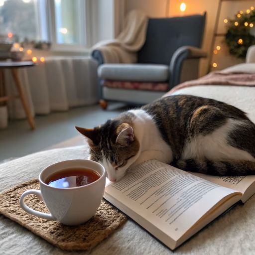 Recraft V3 — A cat curled up asleep on an open book, next to it a steaming cup of tea, cozy living room atmosphere.