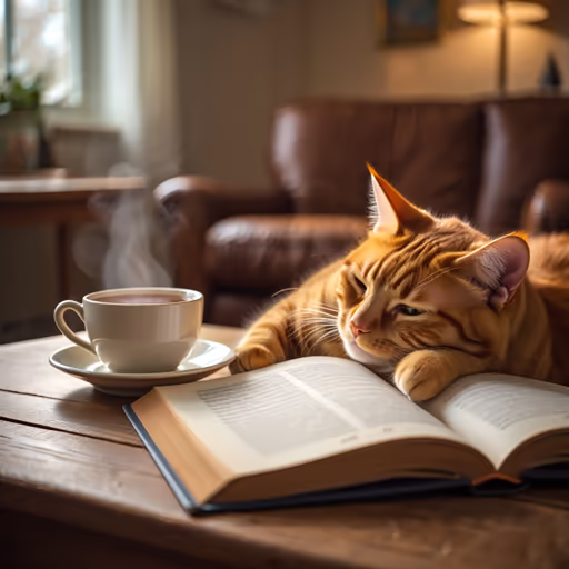 Reve — A cat curled up asleep on an open book, next to it a steaming cup of tea, cozy living room atmosphere.
