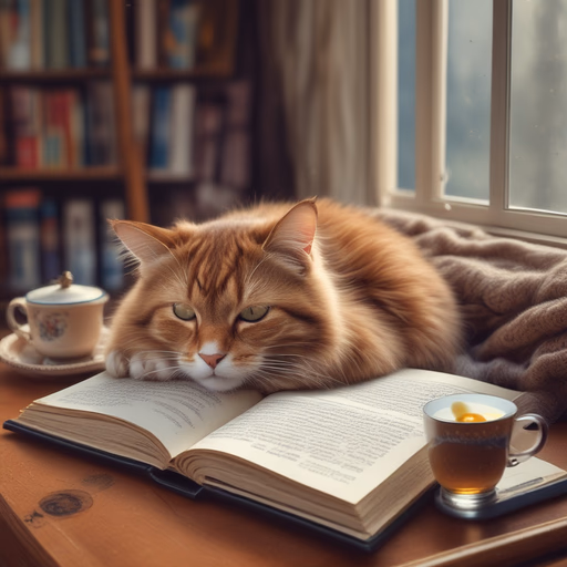 SDXL-Lightning — A cat curled up asleep on an open book, next to it a steaming cup of tea, cozy living room atmosphere.