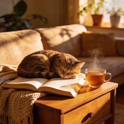 Seedream 4.5 — A cat curled up asleep on an open book, next to it a steaming cup of tea, cozy living room atmosphere.