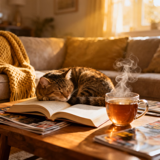 Seedream 4 — A cat curled up asleep on an open book, next to it a steaming cup of tea, cozy living room atmosphere.