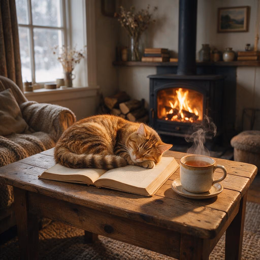 Seedream 5.0 Pro — A cat curled up asleep on an open book, next to it a steaming cup of tea, cozy living room atmosphere.