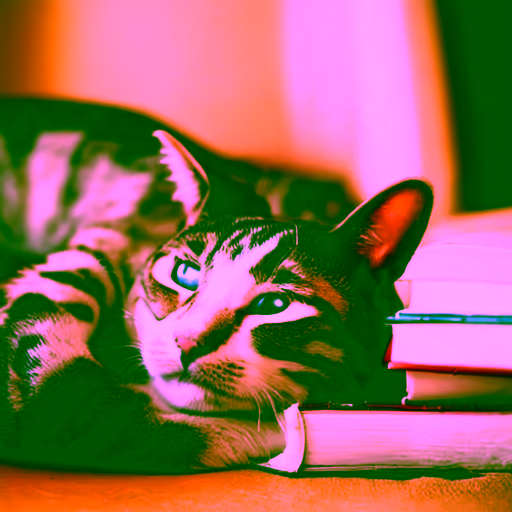 Stable Diffusion 1.5 — A cat curled up asleep on an open book, next to it a steaming cup of tea, cozy living room atmosphere.
