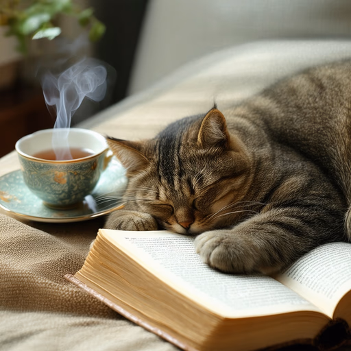 Stable Diffusion 3.5 Large — A cat curled up asleep on an open book, next to it a steaming cup of tea, cozy living room atmosphere.