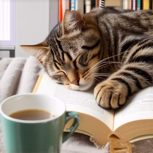 Stable Diffusion 3.5 Large Turbo — A cat curled up asleep on an open book, next to it a steaming cup of tea, cozy living room atmosphere.