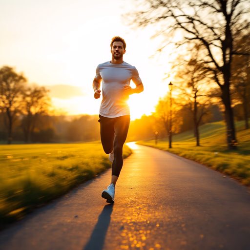 FLUX1.1 [pro] — Hyper-realistic photo of an athletic person jogging on a scenic park path during sunrise, golden hour lighting, cinematic, 8k, highly detailed, motion blur on the background, sharp focus on the runner, wearing modern athletic gear, energetic atmosphere.