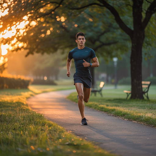 Ideogram V3 — Hyper-realistic photo of an athletic person jogging on a scenic park path during sunrise, golden hour lighting, cinematic, 8k, highly detailed, motion blur on the background, sharp focus on the runner, wearing modern athletic gear, energetic atmosphere.