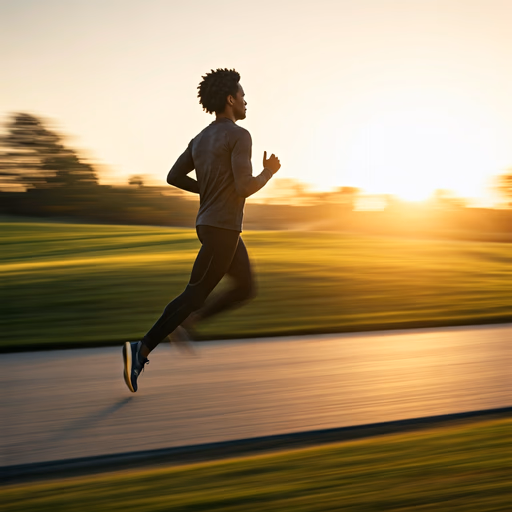 Imagen 3 Fast — Hyper-realistic photo of an athletic person jogging on a scenic park path during sunrise, golden hour lighting, cinematic, 8k, highly detailed, motion blur on the background, sharp focus on the runner, wearing modern athletic gear, energetic atmosphere.