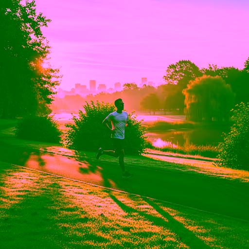 Imagen 4 — Hyper-realistic photo of an athletic person jogging on a scenic park path during sunrise, golden hour lighting, cinematic, 8k, highly detailed, motion blur on the background, sharp focus on the runner, wearing modern athletic gear, energetic atmosphere.