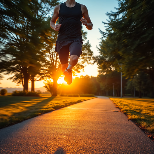 Juggernaut Flux Lightning — Hyper-realistic photo of an athletic person jogging on a scenic park path during sunrise, golden hour lighting, cinematic, 8k, highly detailed, motion blur on the background, sharp focus on the runner, wearing modern athletic gear, energetic atmosphere.