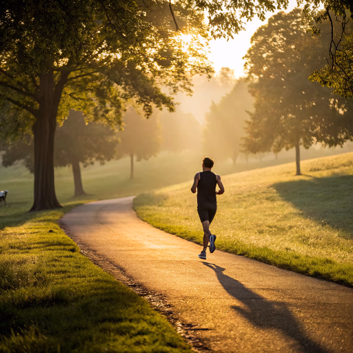 Recraft V3 — Hyper-realistic photo of an athletic person jogging on a scenic park path during sunrise, golden hour lighting, cinematic, 8k, highly detailed, motion blur on the background, sharp focus on the runner, wearing modern athletic gear, energetic atmosphere.