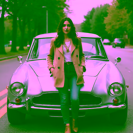 Photo 2: a woman in a camel coat leaning on a silver car in the middle of a road