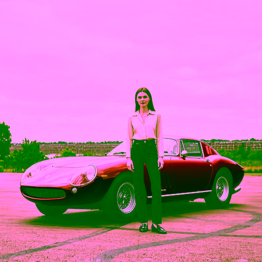 Photo 1: a woman in jeans in front of a red sports car on an empty lot