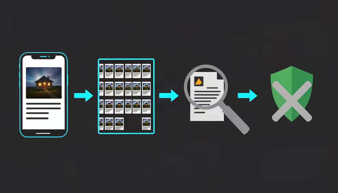 A four-step visual workflow moving from a suspicious post to repeated-account patterns, source checking and a decision not to share