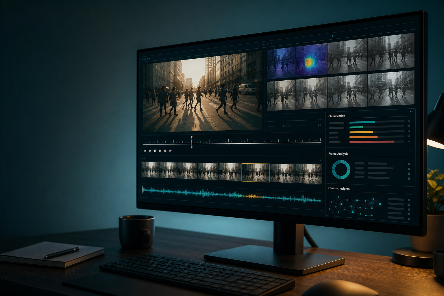 A split-screen forensic desktop view with frame analysis and heatmap overlays