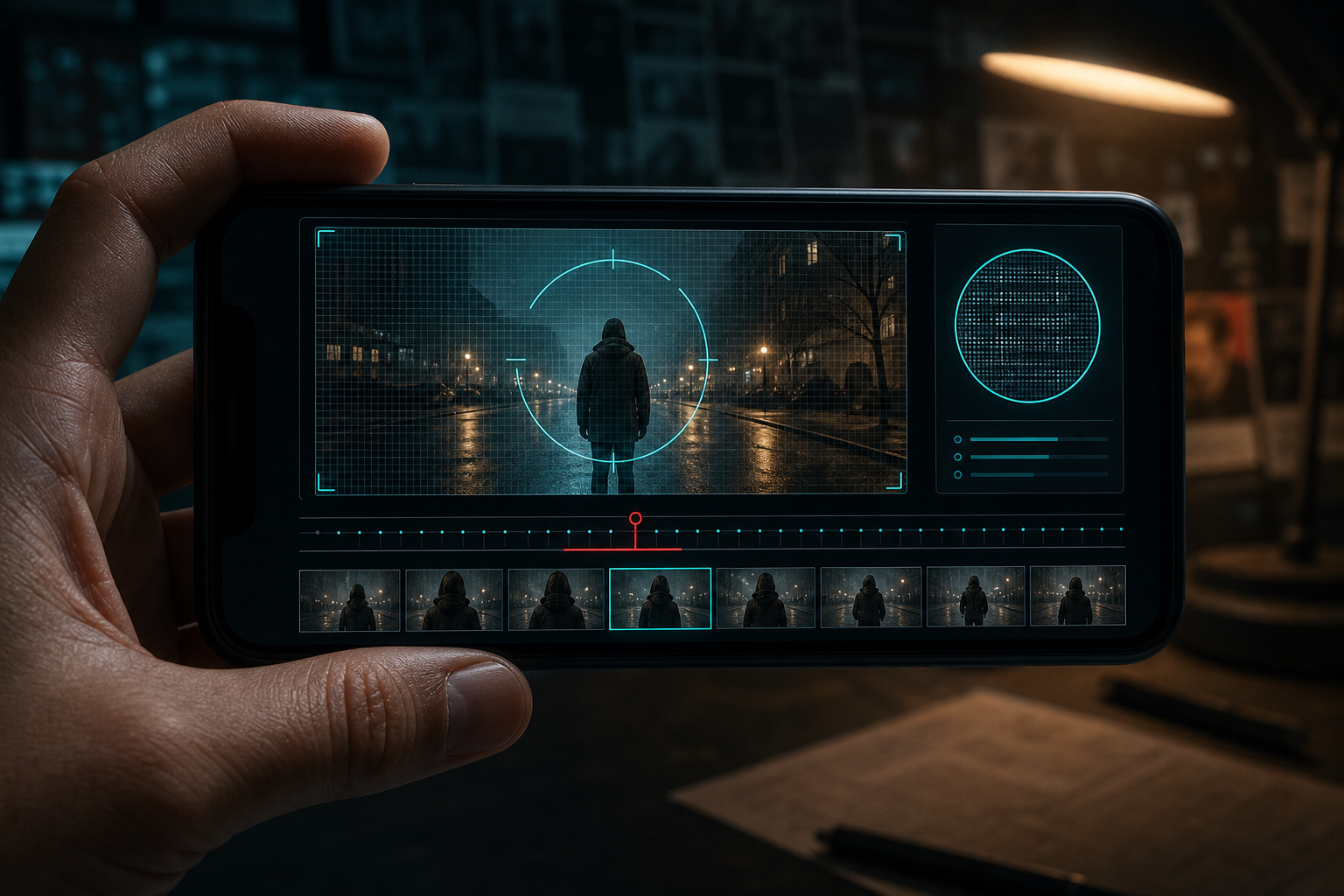 A smartphone playing a suspicious short video clip with a scan overlay