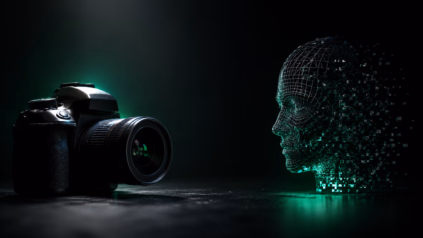 A camera facing a digital wireframe head dissolving into pixels — real photography versus AI-generated imagery.