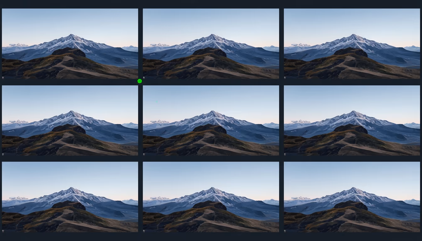 A contact-sheet grid showing the same scene rendered several times in subtly different ways