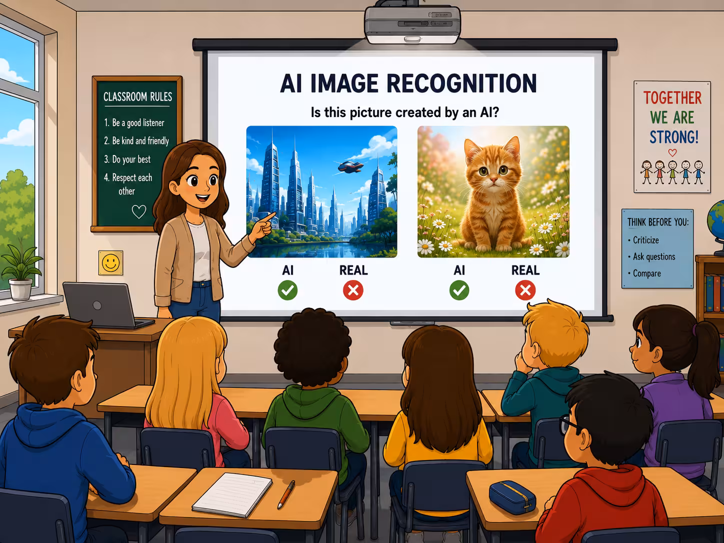 Classroom Mode — students playing the AI image quiz live as a class