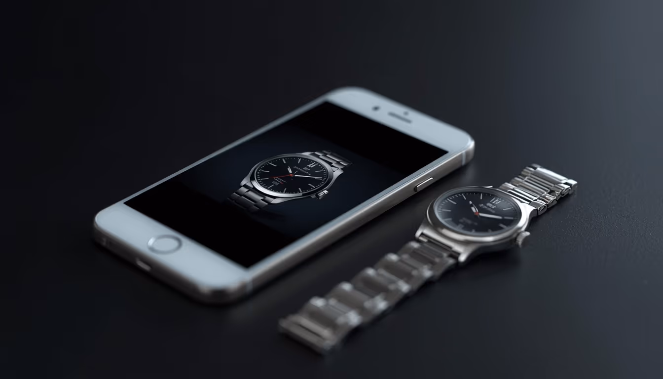 A phone showing a polished product photo of a watch, next to the duller real watch it is meant to depict