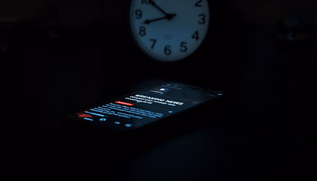 A phone glowing with a breaking-news alert in a dark room, a clock visible behind it
