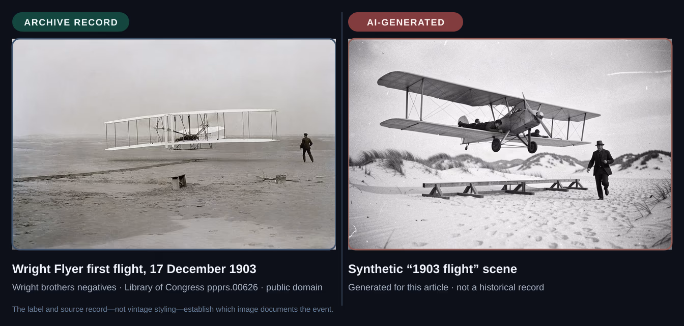 Side-by-side comparison of the source-verified 1903 Wright Flyer photograph and a clearly labeled AI-generated scene with a later-style biplane