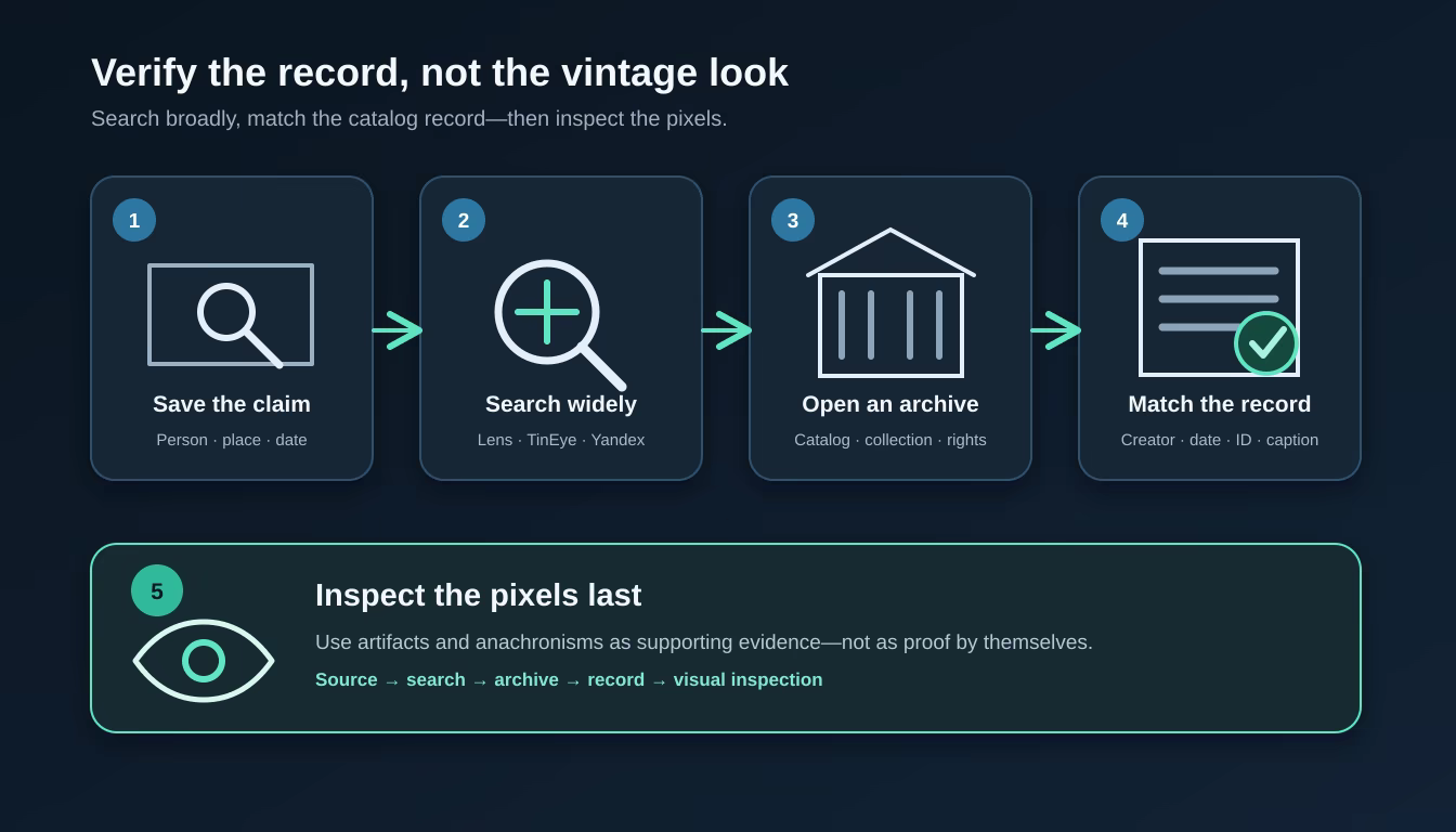 Five-step workflow: save the claim, search with Lens, TinEye and Yandex, open an archive, match the record, then inspect pixels last