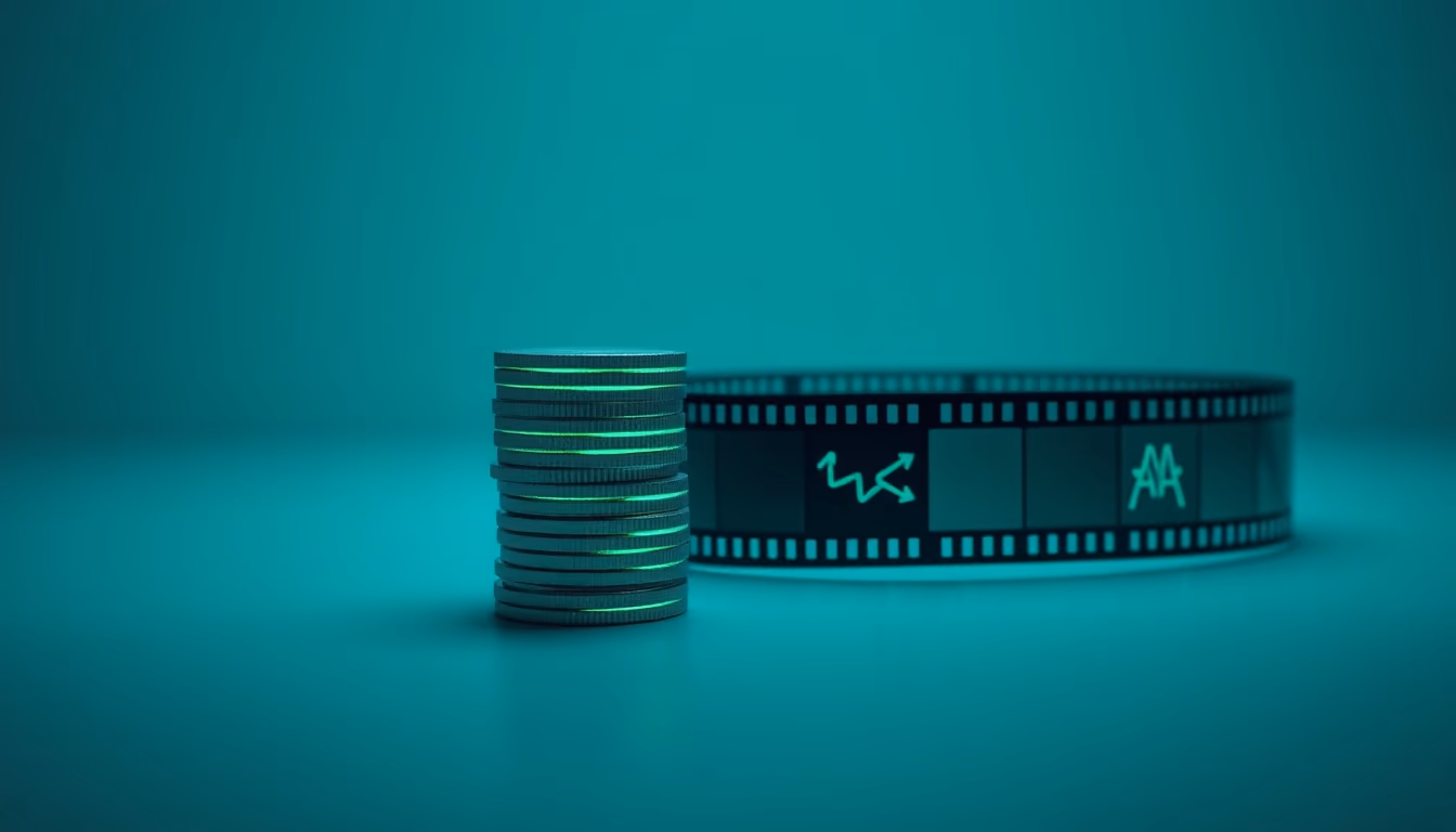 A stack of glowing credit tokens beside a short cinematic filmstrip, illustrating how Kling credits convert into video time